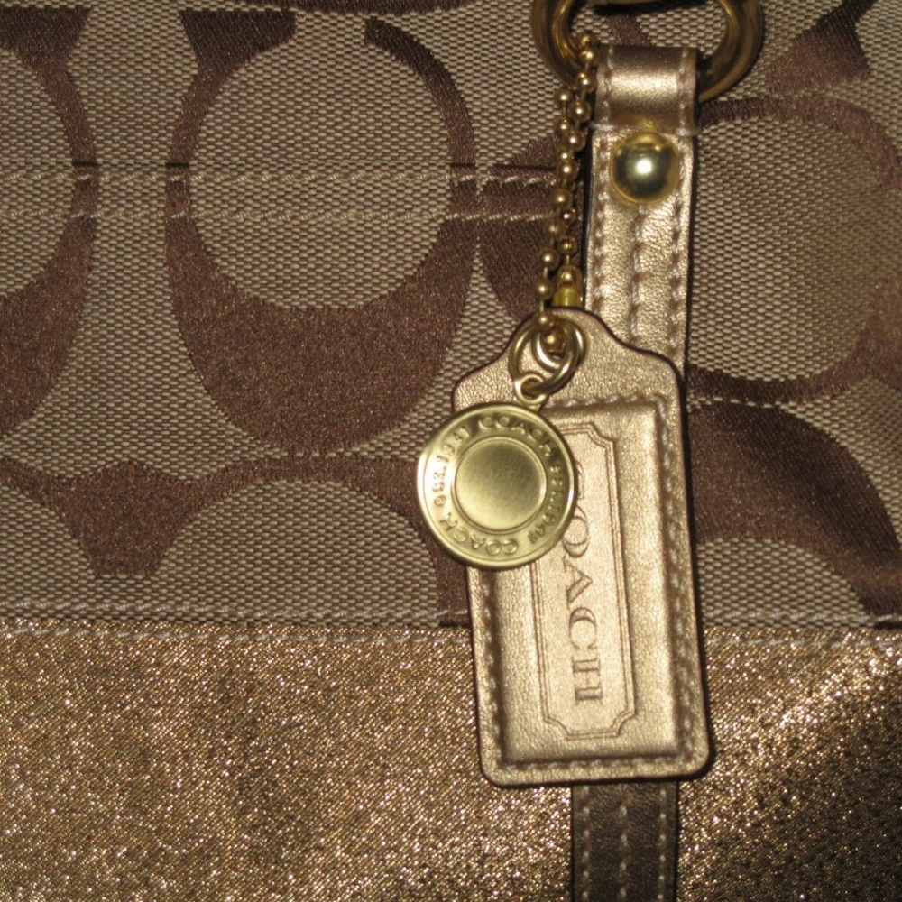 STUNNING VINTAGE PRISTINE METALLIC COACH KHAKI SIGNATURE GOLD SATCHEL HANDBAG - Picture 3 of 13